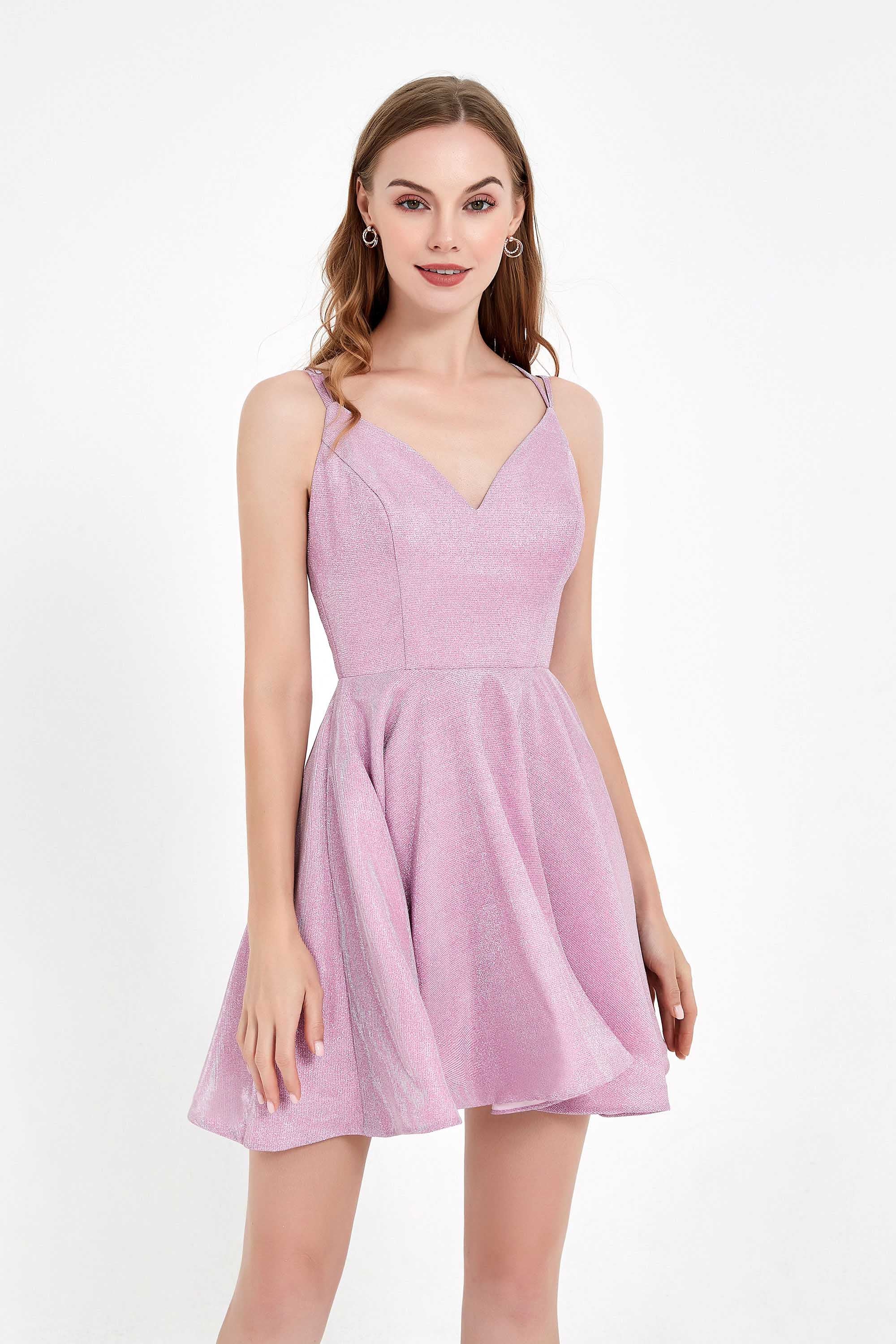 V-neck Lace Up Glitter Dress with Pockets Homecoming Prom Dresses Party Cocktail gowns