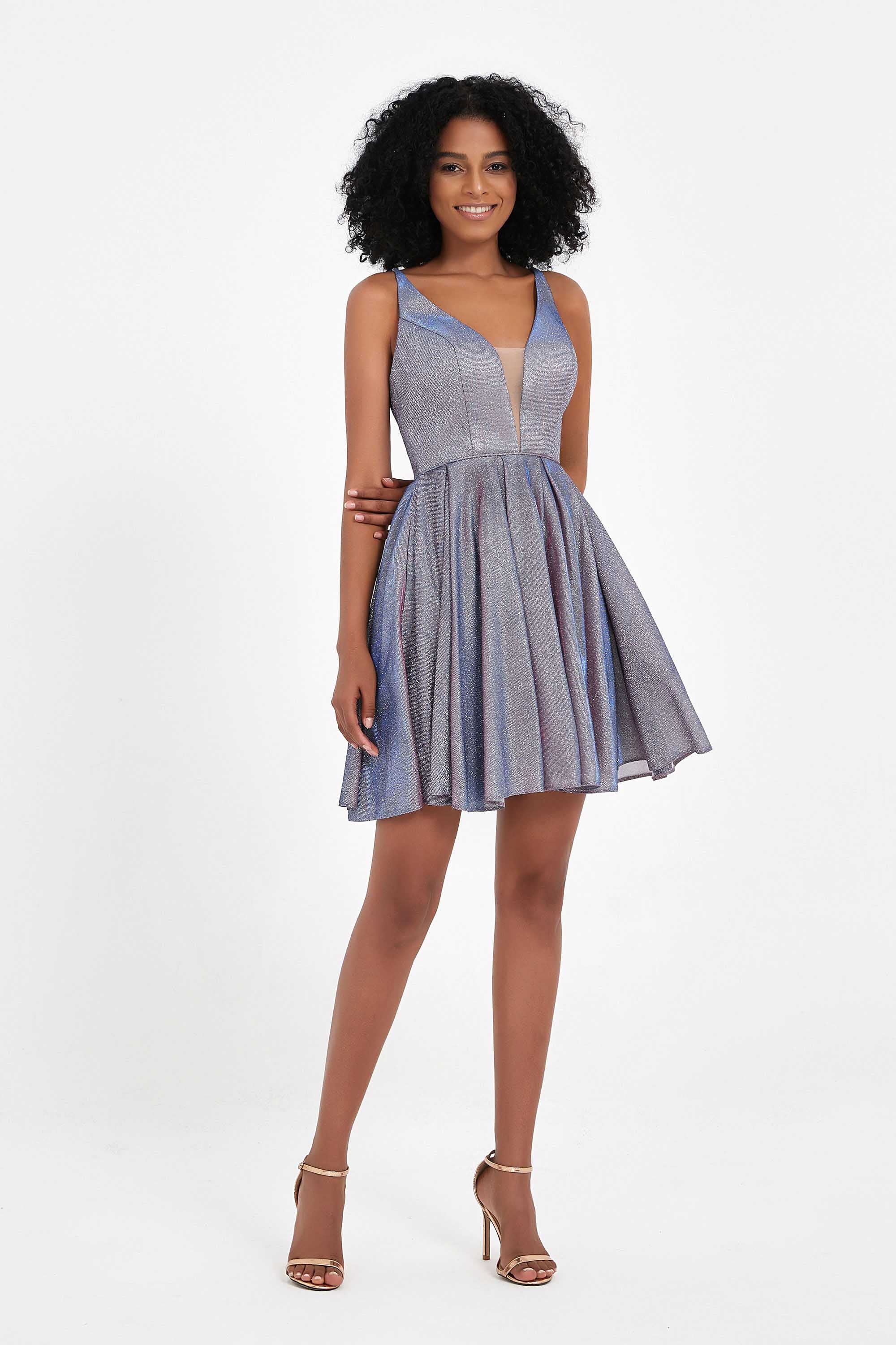 Tiefer V-Ausschnitt Glitzer Schillerndes kurzes Ballkleid Ärmelloses Homecoming Partykleider Cocktailkleider