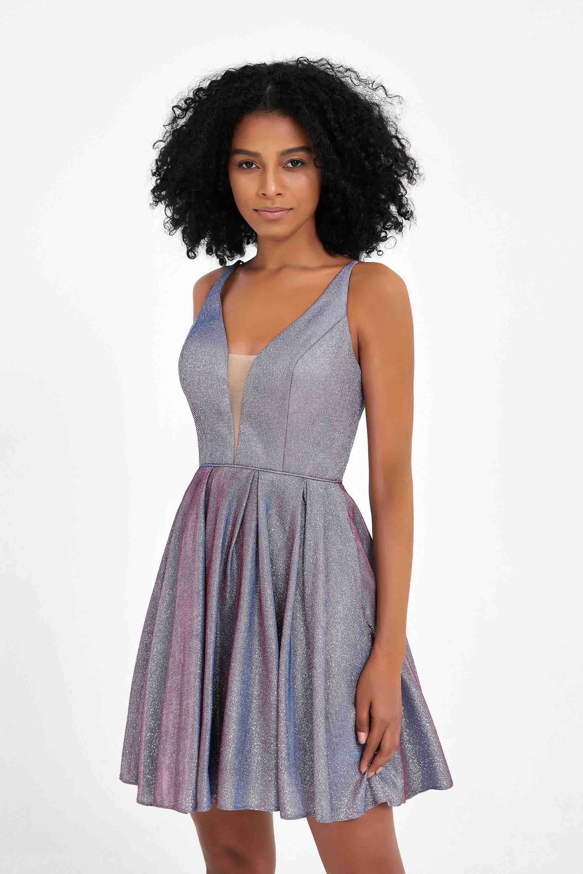 Tiefer V-Ausschnitt Glitzer Schillerndes kurzes Ballkleid Ärmelloses Homecoming Partykleider Cocktailkleider
