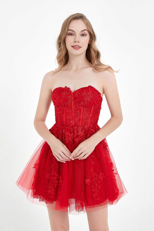 Sweetheart Strapless Applique Mini Tulle Homecoming Dress Prom Party Gowwns