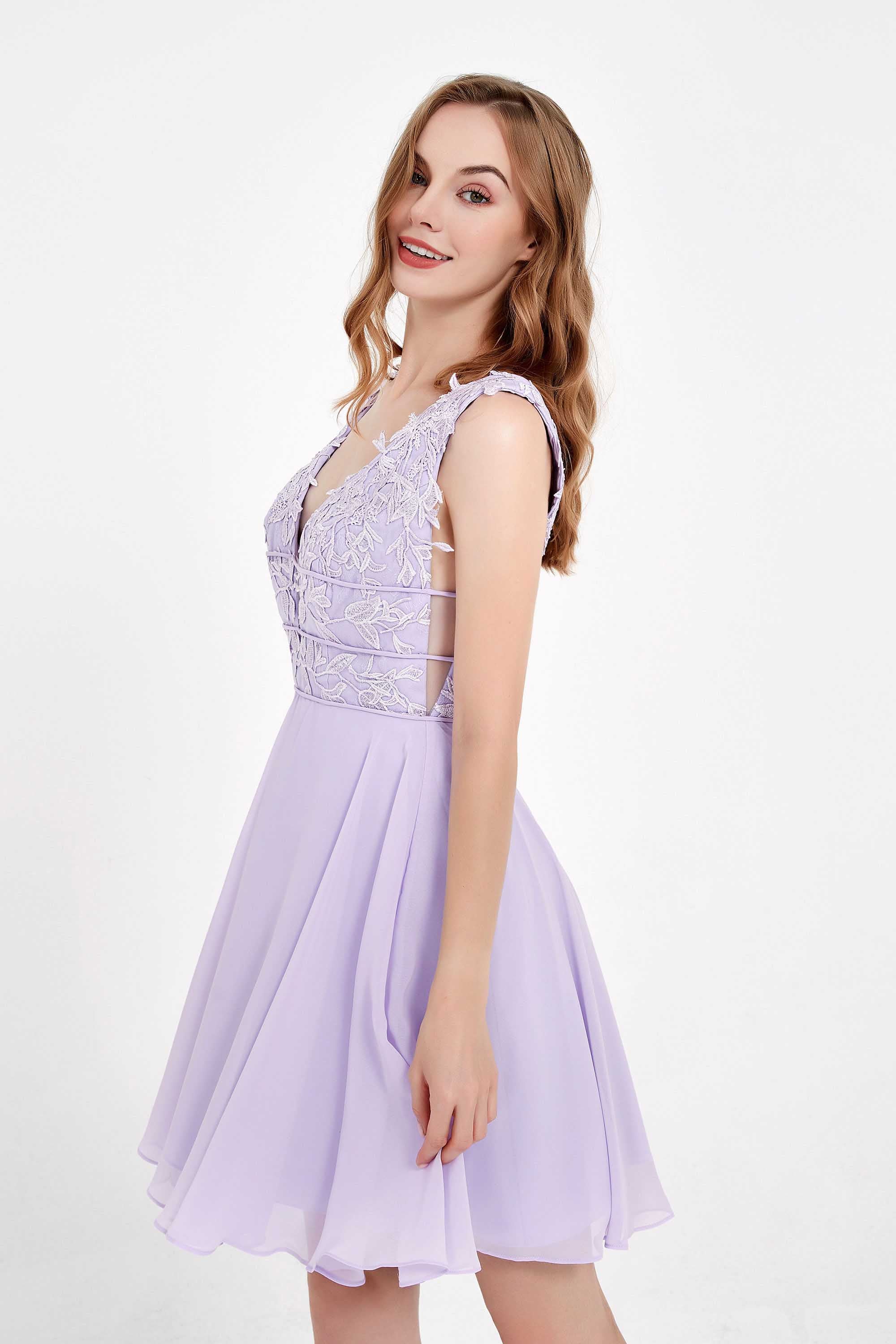 Deep V-neck Chiffon with Applique Short Homecoming Prom Dress Cocktail Party Gowns