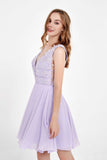 Deep V-neck Chiffon with Applique Short Homecoming Prom Dress Cocktail Party Gowns