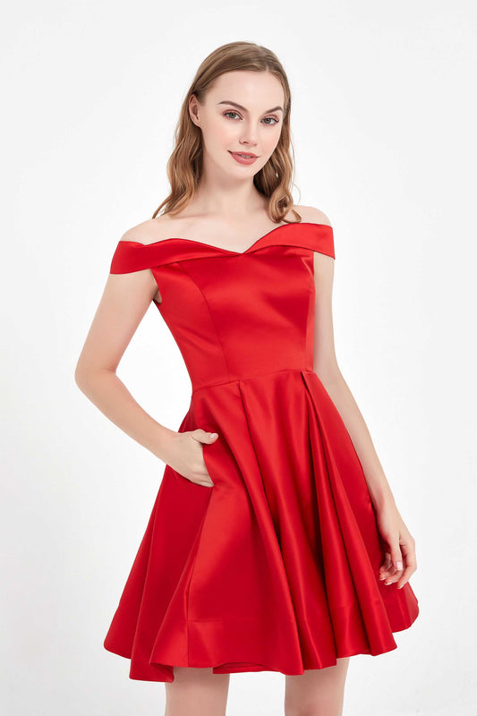 Off the Shoulder Simple Satin Short Bridesmaid Party Dress with Pockets Homecoming Cocktail Gowns