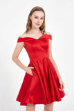 Off the Shoulder Simple Satin Short Bridesmaid Party Dress with Pockets Homecoming Cocktail Gowns