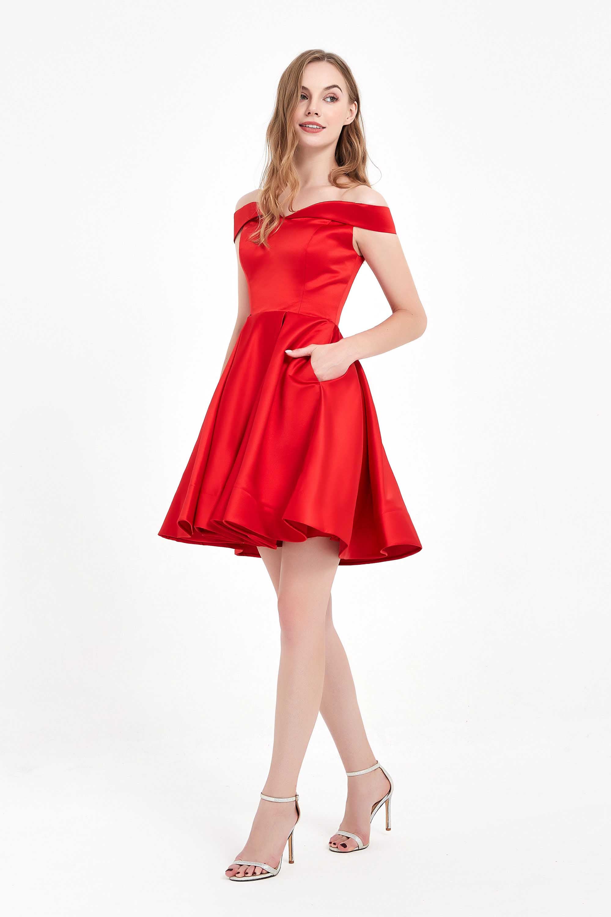 Off the Shoulder Simple Satin Short Bridesmaid Party Dress with Pockets Homecoming Cocktail Gowns