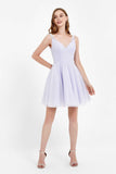 V-neck Lace Applique Straps Glitter Tulle Short Junior Bridesmaid Dress Homecoming Party Prom Gowns
