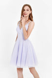 V-neck Lace Applique Straps Glitter Tulle Short Junior Bridesmaid Dress Homecoming Party Prom Gowns