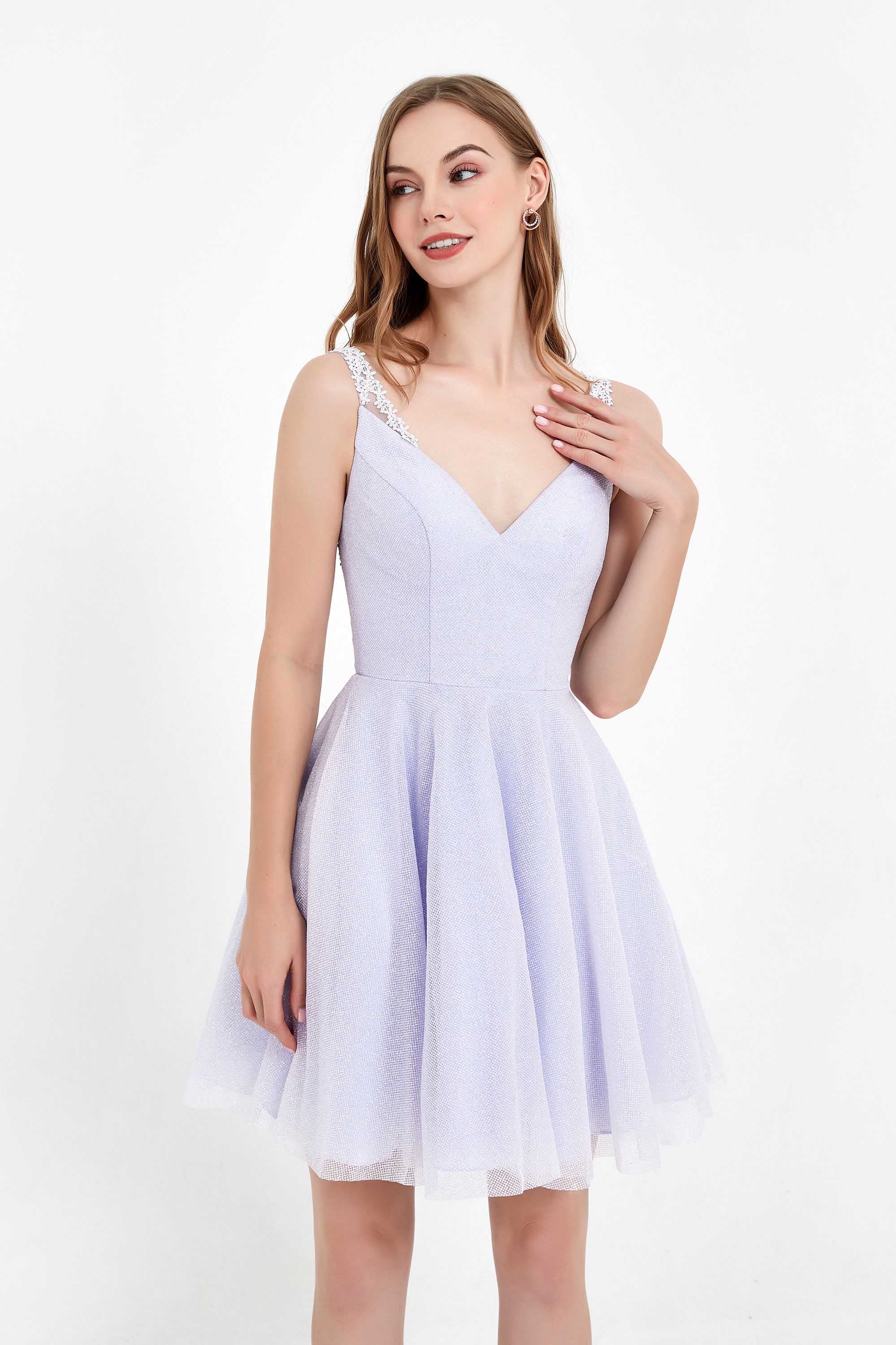 V-neck Lace Applique Straps Glitter Tulle Short Junior Bridesmaid Dress Homecoming Party Prom Gowns