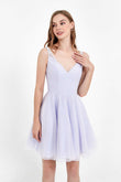 V-neck Lace Applique Straps Glitter Tulle Short Junior Bridesmaid Dress Homecoming Party Prom Gowns