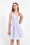 V-neck Lace Applique Straps Glitter Tulle Short Junior Bridesmaid Dress Homecoming Party Prom Gowns