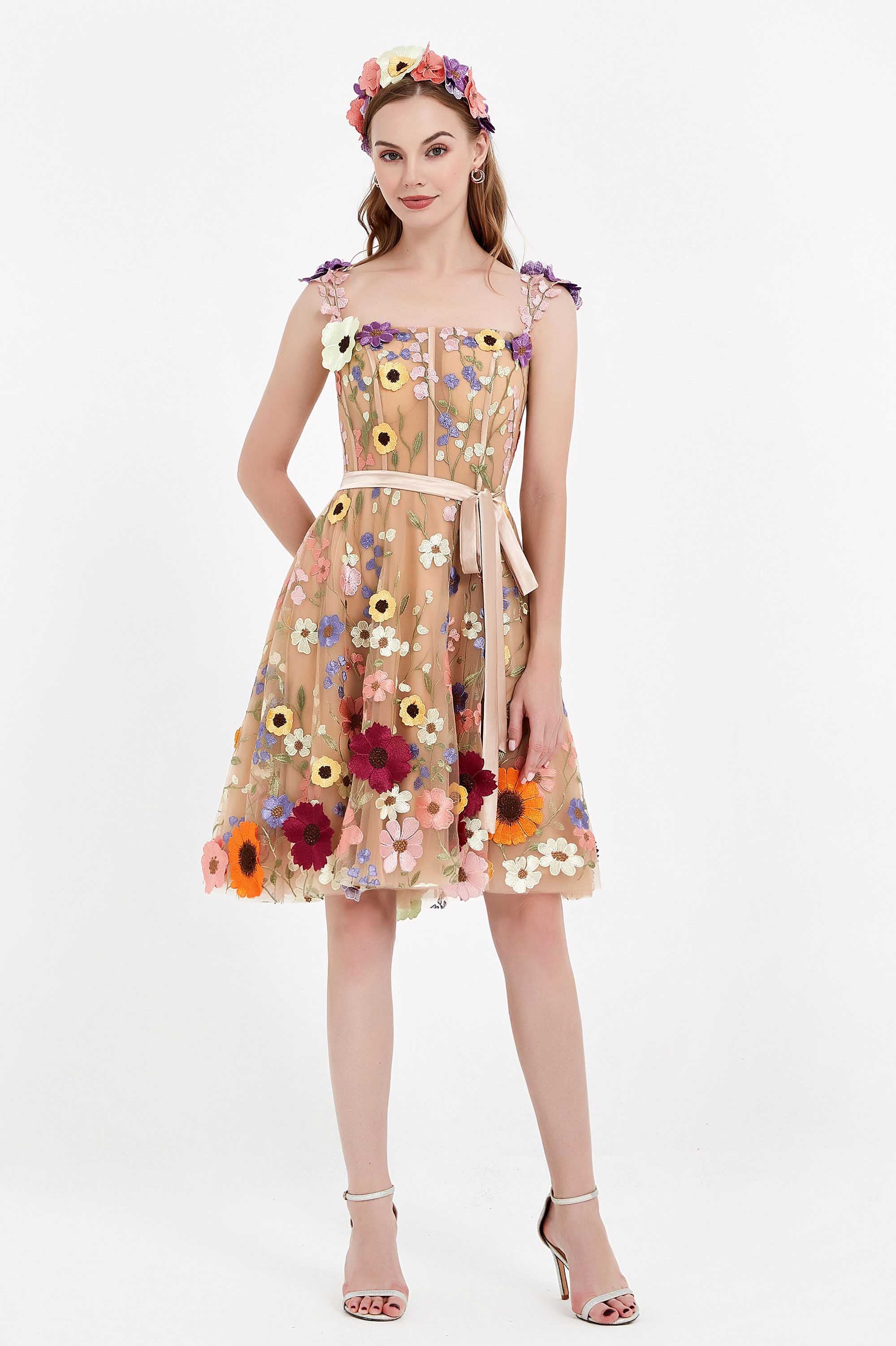 Applizierte A-Linie Fee Blumen Kurze Heimkehrkleider Abschlussball Partykleider
