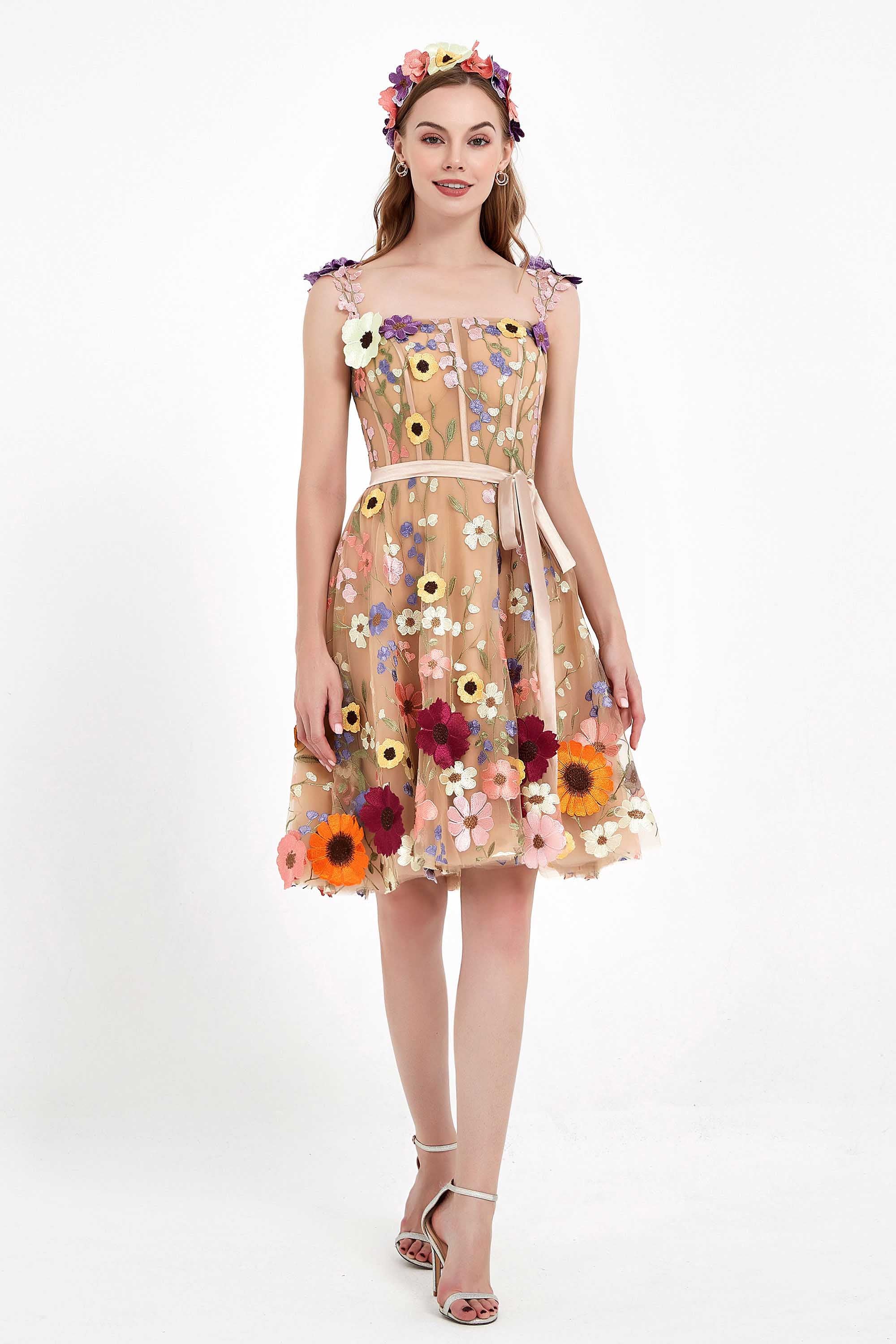 Applizierte A-Linie Fee Blumen Kurze Heimkehrkleider Abschlussball Partykleider