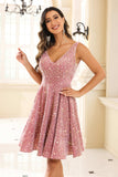 Deep V-neck Sleeveless A-Line Sequins Short Homecoming Prom Dress Party Cocktail Gowns