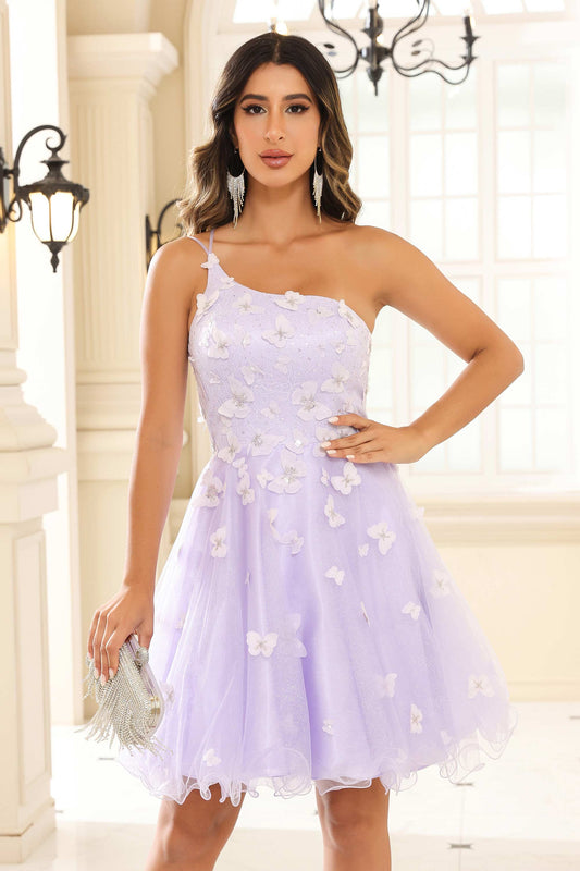One-Shoulder-Applikation A-Linie Glitzer Tüll Mini Homecoming Kleid Ball Party Kleider