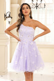 One Shoulder Applique A-Line Glitter Tulle Mini Homecoming Dress Prom Party Dresses