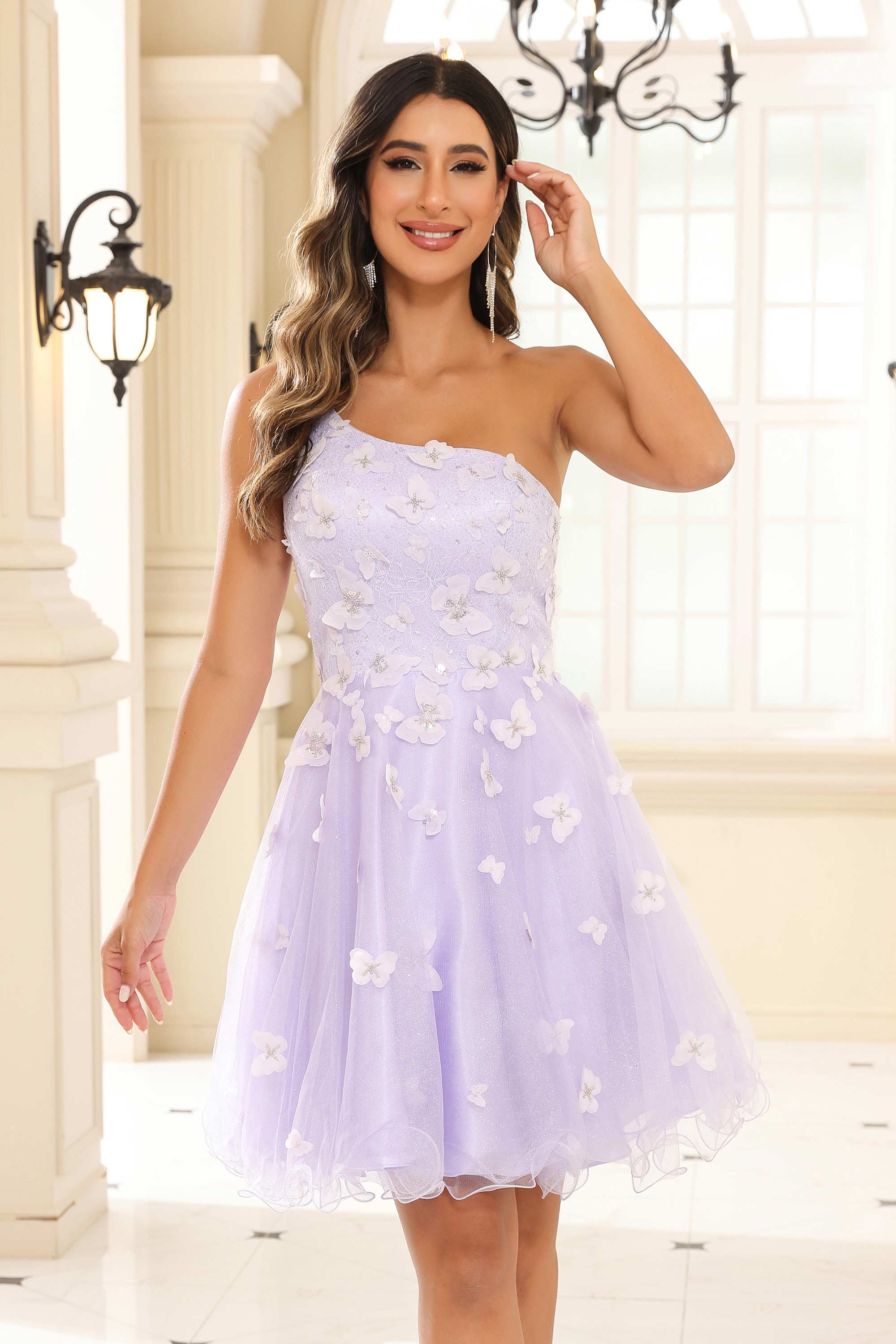 One Shoulder Applique A-Line Glitter Tulle Mini Homecoming Dress Prom Party Dresses