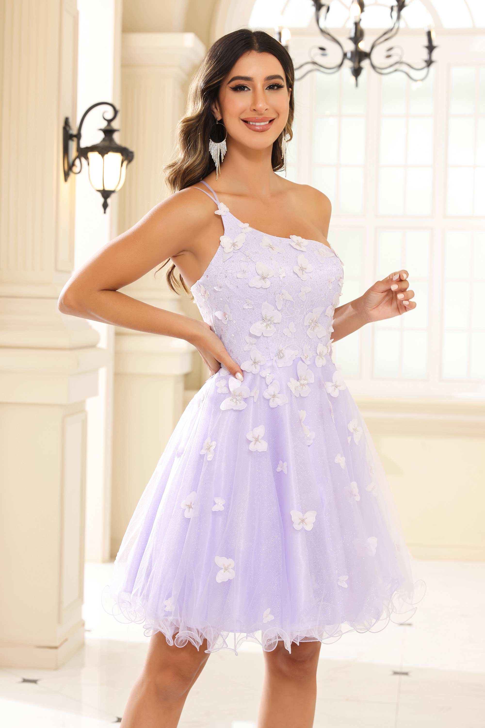 One Shoulder Applique A-Line Glitter Tulle Mini Homecoming Dress Prom Party Dresses
