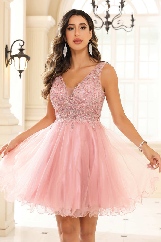 Sexy V-neck See-through A-line Tulle Mini Homecoming Prom Dress Party Cocktail Gowns