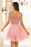 Sexy V-neck See-through A-line Tulle Mini Homecoming Prom Dress Party Cocktail Gowns