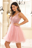 Sexy V-neck See-through A-line Tulle Mini Homecoming Prom Dress Party Cocktail Gowns