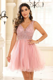 Sexy V-neck See-through A-line Tulle Mini Homecoming Prom Dress Party Cocktail Gowns