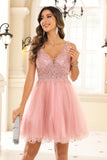Sexy V-neck See-through A-line Tulle Mini Homecoming Prom Dress Party Cocktail Gowns