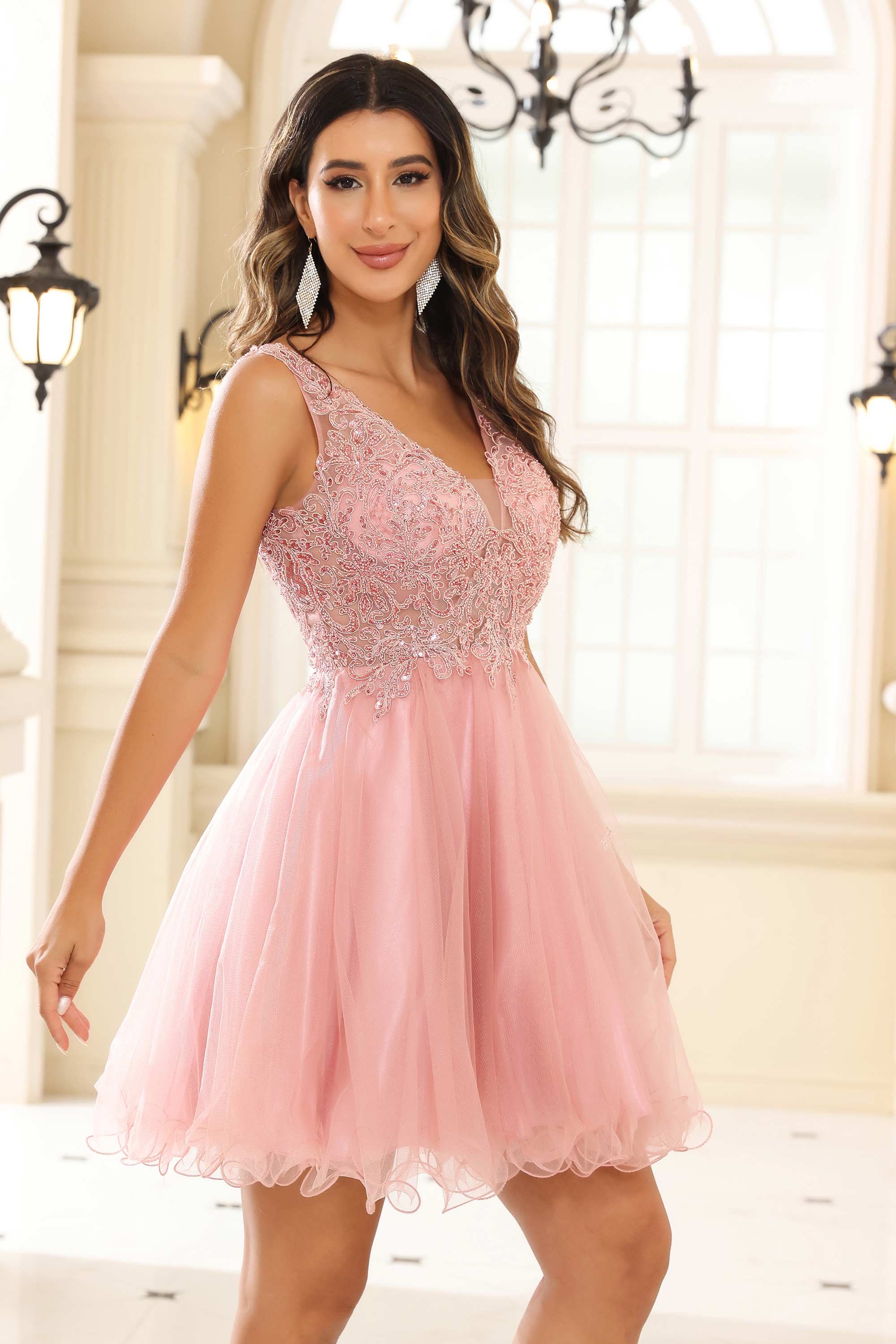 Sexy V-neck See-through A-line Tulle Mini Homecoming Prom Dress Party Cocktail Gowns