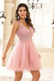 Sexy V-neck See-through A-line Tulle Mini Homecoming Prom Dress Party Cocktail Gowns