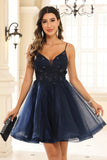 A Line Spaghetti Straps V Neck Applique See-through Mini Homecoming Prom Dress Party Cocktail gown