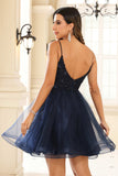 A Line Spaghetti Straps V Neck Applique See-through Mini Homecoming Prom Dress Party Cocktail gown