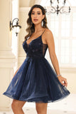 A Line Spaghetti Straps V Neck Applique See-through Mini Homecoming Prom Dress Party Cocktail gown