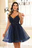 A Line Spaghetti Straps V Neck Applique See-through Mini Homecoming Prom Dress Party Cocktail gown