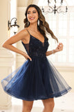 A Line Spaghetti Straps V Neck Applique See-through Mini Homecoming Prom Dress Party Cocktail gown