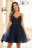 A Line Spaghetti Straps V Neck Applique See-through Mini Homecoming Prom Dress Party Cocktail gown