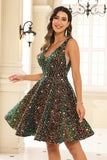 Deep V-neck Sleeveless A-Line Sequins Short Homecoming Prom Dress Party Cocktail Gowns