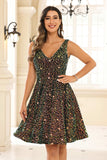 Deep V-neck Sleeveless A-Line Sequins Short Homecoming Prom Dress Party Cocktail Gowns