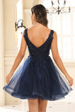 Deep V-neck Beaded Floral Applique Tulle Mini Homecoming Prom Dress Party Cocktail Gowns