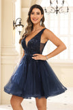 Deep V-neck Beaded Floral Applique Tulle Mini Homecoming Prom Dress Party Cocktail Gowns