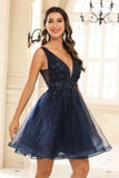 Deep V-neck Beaded Floral Applique Tulle Mini Homecoming Prom Dress Party Cocktail Gowns