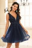 Deep V-neck Beaded Floral Applique Tulle Mini Homecoming Prom Dress Party Cocktail Gowns