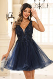 Deep V-neck Beaded Floral Applique Tulle Mini Homecoming Prom Dress Party Cocktail Gowns
