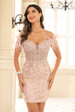 Off the Shoulder See-through Applique Bodycon Mini Cocktail Party Dress Prom Club Gowns