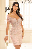 Off the Shoulder See-through Applique Bodycon Mini Cocktail Party Dress Prom Club Gowns