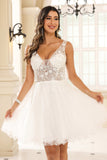 V-neck See-through Rhinestone A-line Tulle Mini Homecoming Prom Dress Party Cocktail Gowns