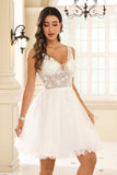 V-neck See-through Rhinestone A-line Tulle Mini Homecoming Prom Dress Party Cocktail Gowns