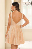Deep V-neck Sleeveless A-Line Sequins Short Homecoming Prom Dress Party Cocktail Gowns