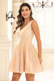 Deep V-neck Sleeveless A-Line Sequins Short Homecoming Prom Dress Party Cocktail Gowns