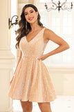 Deep V-neck Sleeveless A-Line Sequins Short Homecoming Prom Dress Party Cocktail Gowns