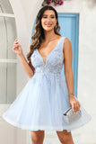 Deep V-neck Beaded Floral Applique Tulle Mini Homecoming Prom Dress Party Cocktail Gowns