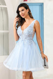 Deep V-neck Beaded Floral Applique Tulle Mini Homecoming Prom Dress Party Cocktail Gowns